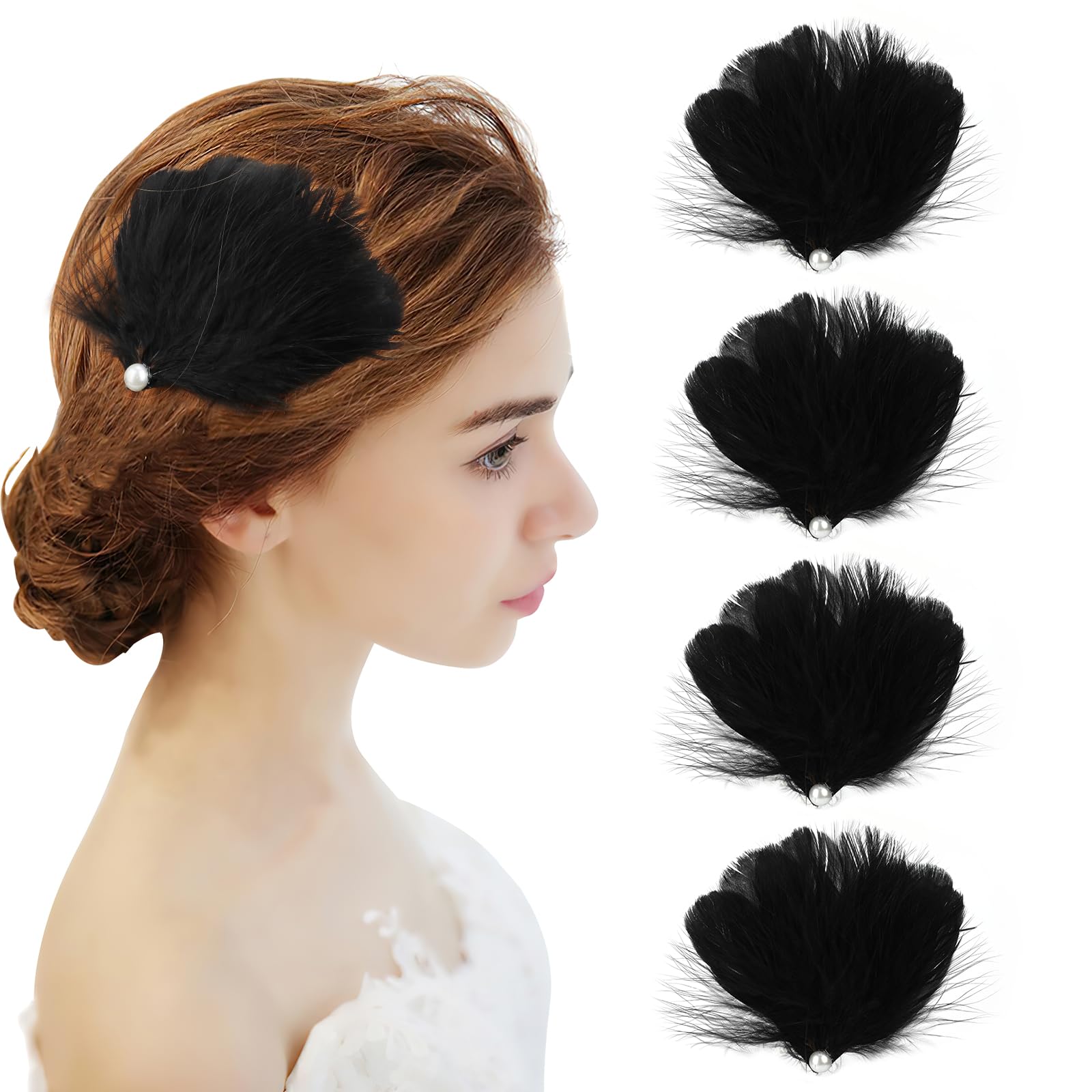 MWOOT 4 Pcs Black Feather Hair Clips, White Swan Feather Headpiece Ballet Hair Accessories for Women Girls, White Pearl Hair Piece for Carnival Costume,Bride Wedding Cosplay Party