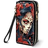 FVAENDHIO Women's Large Capacity Wallet PU Leather Double Zipper Clutch Purse Multifunctional Wallet with Removable Wristlet Strap for Smart Phone/Coin/Card/Cash, Sugar Skull Girl Roses