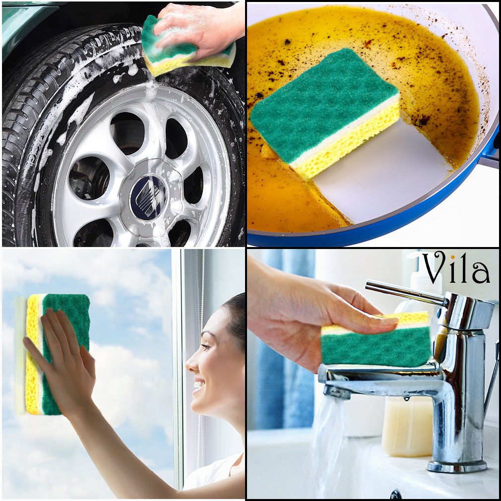 Vila 6-Pack Scrub Sponge -- With Triple-Cleaning system - Heavy-duty and Odor-Resistant - Tough on Grease but gentle on delicate surfaces - 1 Pad Lasts over a Month