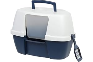 IRIS USA Corner Cat Litter Box Enclosure with Scoop, Small Cat Litter Box with Lid, Corner Litter Box Enclosure for Kittens to Medium Sized Cats, Odor Defensive Hooded Litter Tray, Navy/White