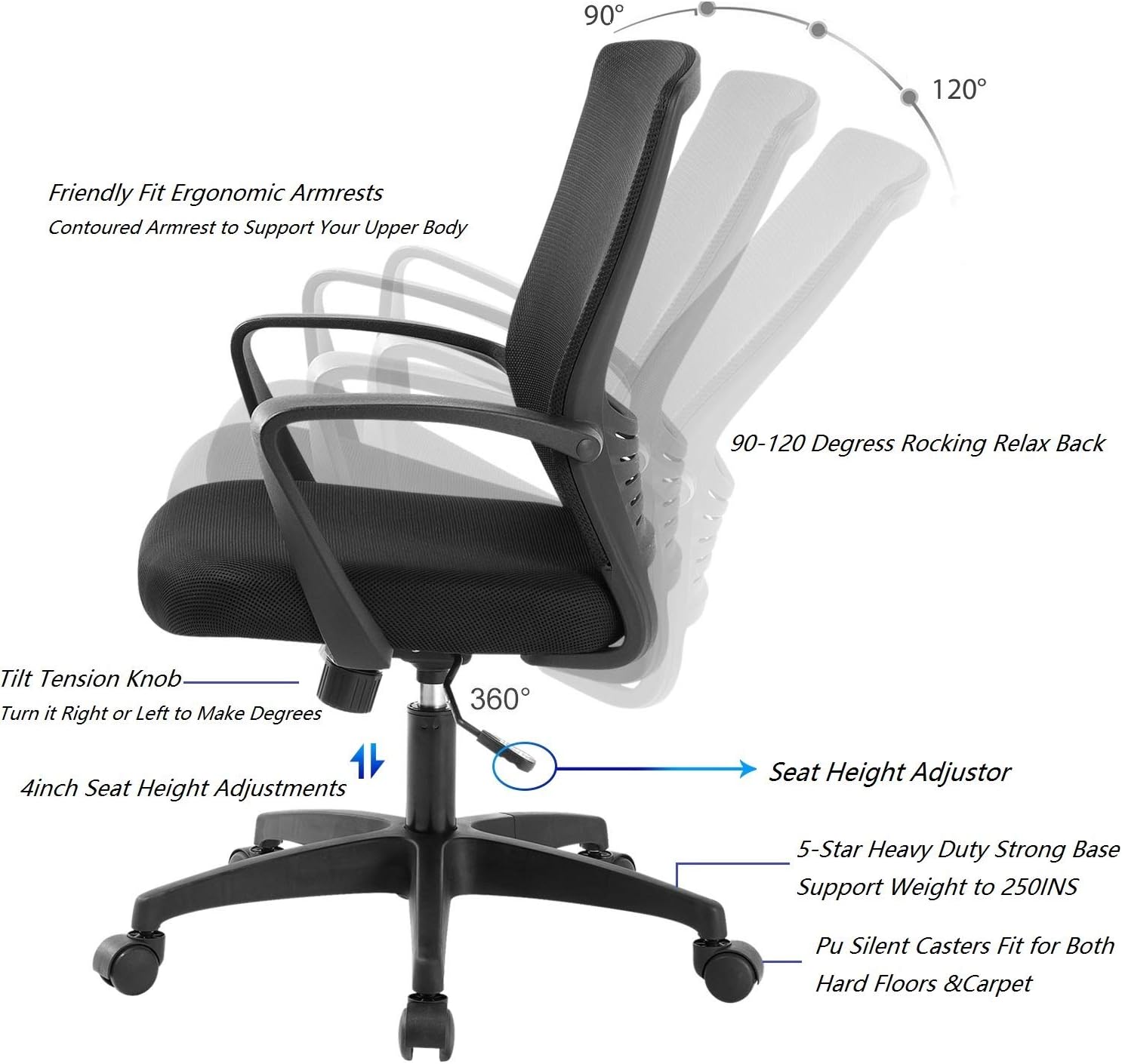 ZLHECTO Ergonomic Office Chair,Mid Back Mesh Chair Black,Computer Desk Chair with Adjustable Height and Mesh Rocking Back,Weight Hold Up to 250Ibs-Adjustable Chair for Conference Room-5 Years Warranty: Kitchen & Dining
