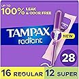 Tampax Radiant Tampons Multipack With Leakguard Braid, Regular/Super Absorbency, With Leakguard Braid, Unscented, 28 Count