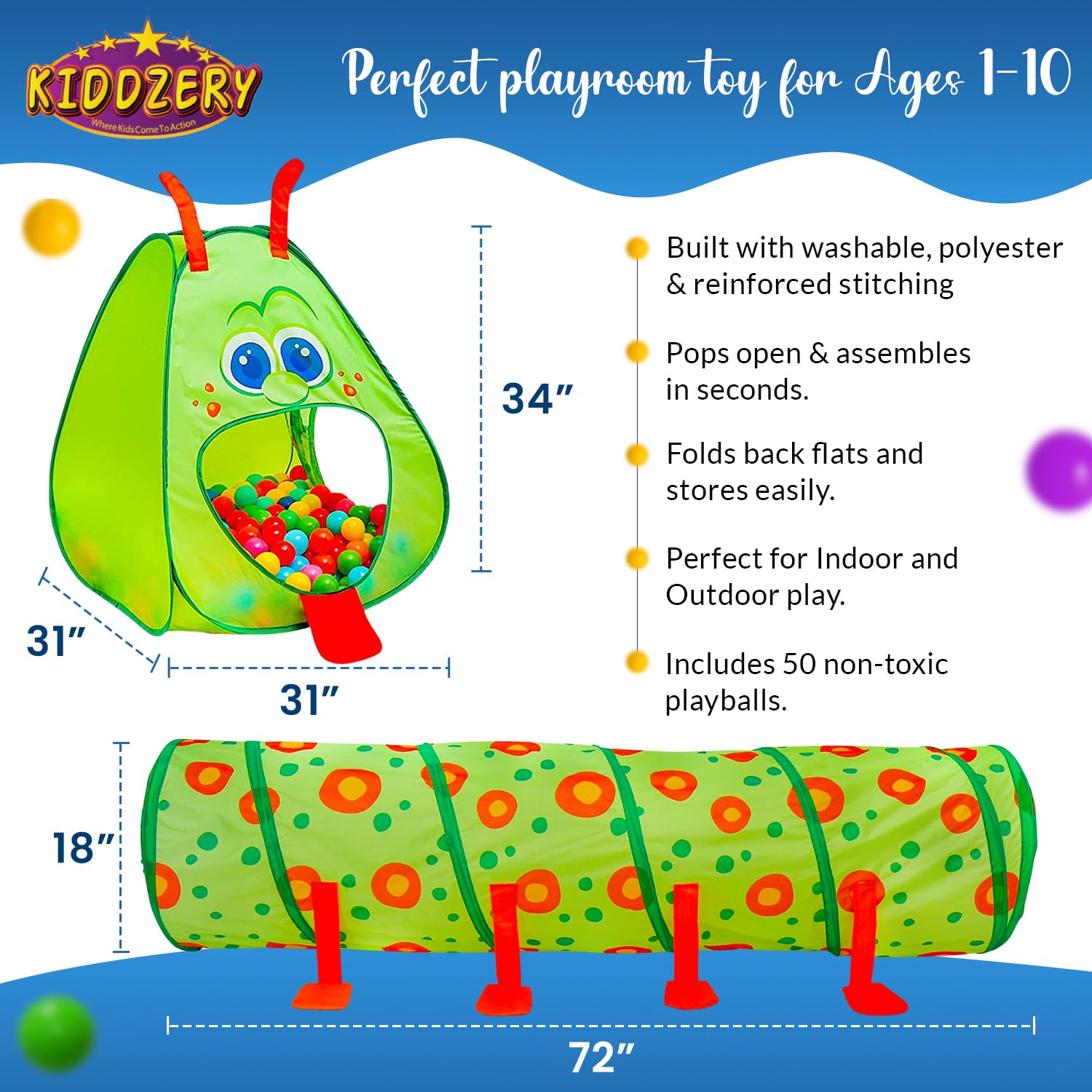 Kiddey Caterpillar Kids Play Tunnel and Tent with 50 Balls 2 Pc. Crawl Through Baby Ball Pit Pop up for Toddler and Babies, Indoor & Outdoor Jungle Gym Party Gift | Crawling Tunnels & Tents