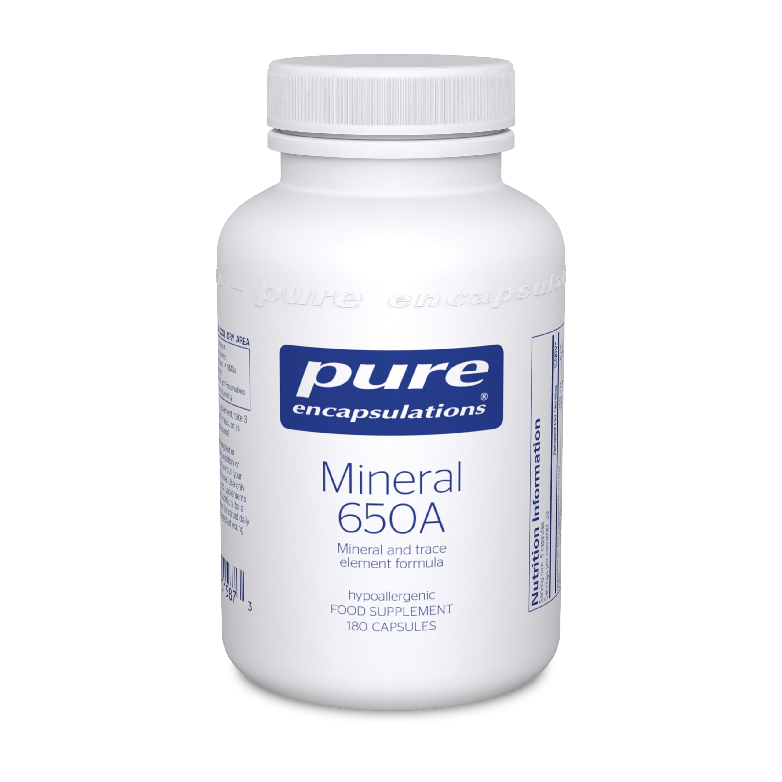 Pure Encapsulations Mineral 650A - with Calcium, Magnesium, Iron, Iodine, Selenium & Zinc - Hypoallergenic Mineral and Trace Element Formula - 180 Capsules