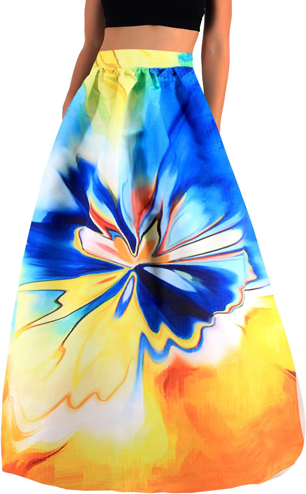 Hoohu Womens Bohemian African Floral Print High Waist Pleated Hem Full/Ankle