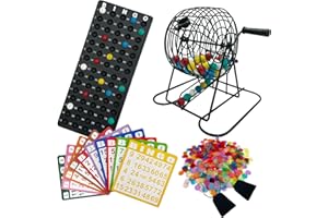 SUTIMSHE Deluxe Bingo Game Set,Bingo Set Includes Metal Cage,600 Mixed Color Plastic Chips,100 Large Cards,75 Bingo Balls,Plastic Masterboard, 2 Velvet Bag,Great for Adults Large Group and Parties