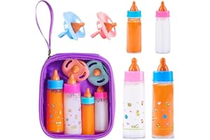 SCOM Baby Doll Bottle Accessories - 6 Pcs Feeding Bottle Toys, Magic Disappearing Milk & Juice, Pretend Play Set with Pacifiers Kids Gift Purple