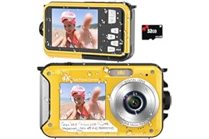 YISENCE 4K Waterproof Camera 11FT Underwater Camera with 32GB Card 56MP Autofocus Selfie Dual-Screen Underwater Cameras for Snorkeling, Waterproof Compact Digital Camera 1250mAh Battery（Yellow）