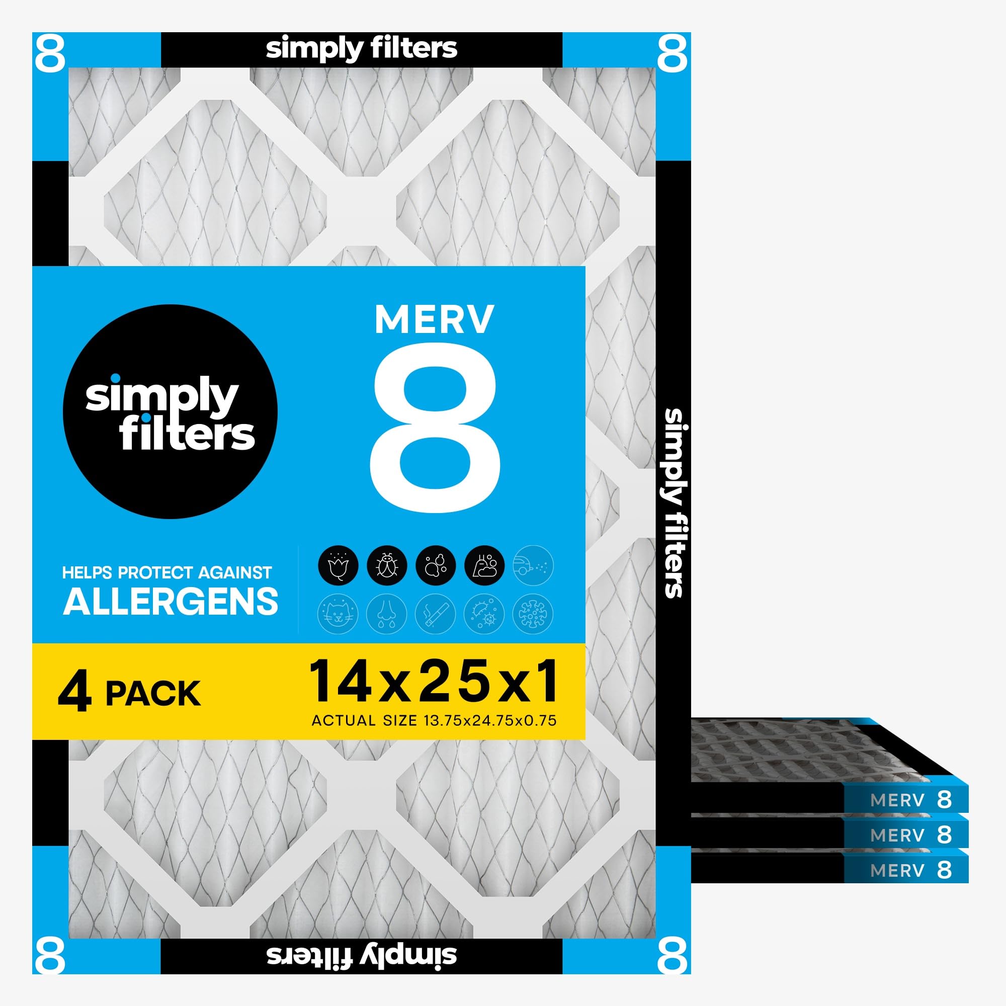 Simply 14x25x1 Air Filter, Merv 8, 4 Pack, For Home AC Furnace & HVAC (Actual Size: 13.75"x24.75"x0.75") DUST, Pet, & Allergy Control