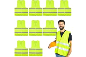 Safety Vests 10 Pack - Yellow Reflective High Visibility, Hi Vis Silver Strip, Men Women, Work, Cycling, Runner, Surveyor, Vo