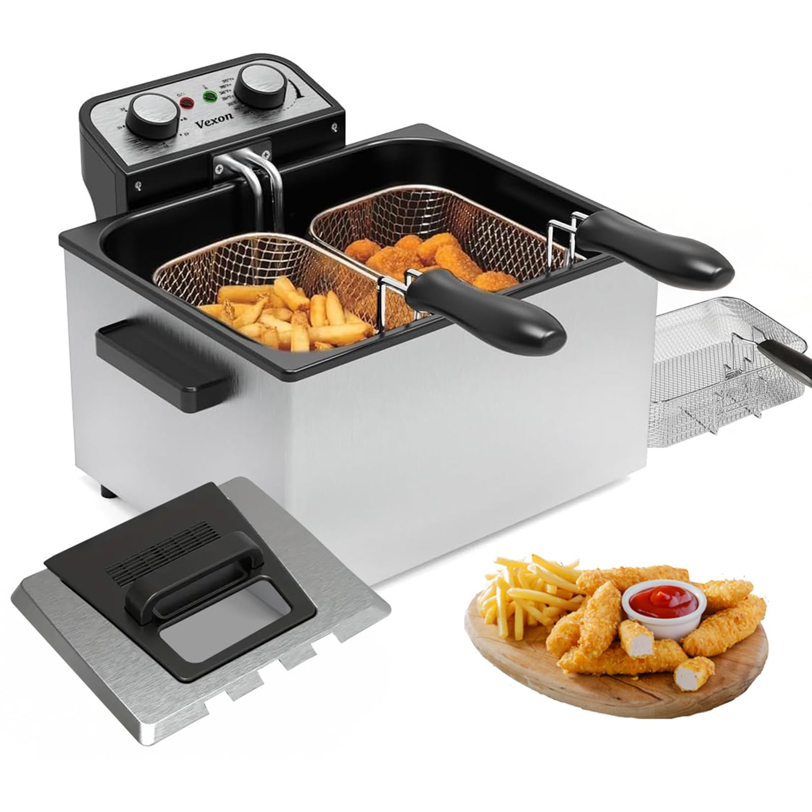 Photo 1 of 1800W 5 Liters/21 Cups Large Electric Deep Fryer with 3 Frying Baskets, Adjustable Temperature,View Window Lid,Countertop Stainless Steel Body Deep Fryer Pot,Perfect for Kitchen, Fry Fish for Home Use