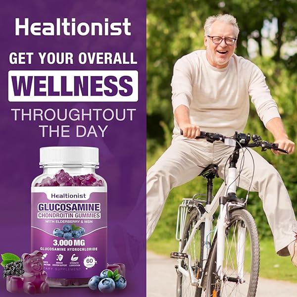 HEALTIONIST 2 PACKS 3000MG GLUCOSAMINE CHONDROITIN GUMMIES WITH MSM & ELDERBERRY – EXTRA STRENGTH JOINT HEALTH, FLEXIBILITY, ANTIOXIDANT IMMUNE SUPPORT SUPPLEMENT GUMMY FOR ADULTS, MEN & WOMEN 120 CTS