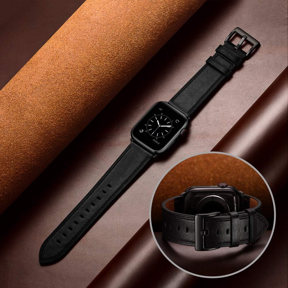 OUHENG Compatible with Apple Watch Band 44mm 42mm, Genuine Leather Band Replacement Strap Compatible with Apple Watch Series 6/5/4/3/2/1/SE, Black Band with Black Adapter