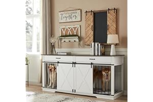 EDYO LIVING 72.5" Large Dog Crate Furniture for 2 Dogs, Wooden Dog Kennel with Drawers, Divider, Sliding Barn Door, Water Resistant Indoor Furniture Style Double Dog Crates, White