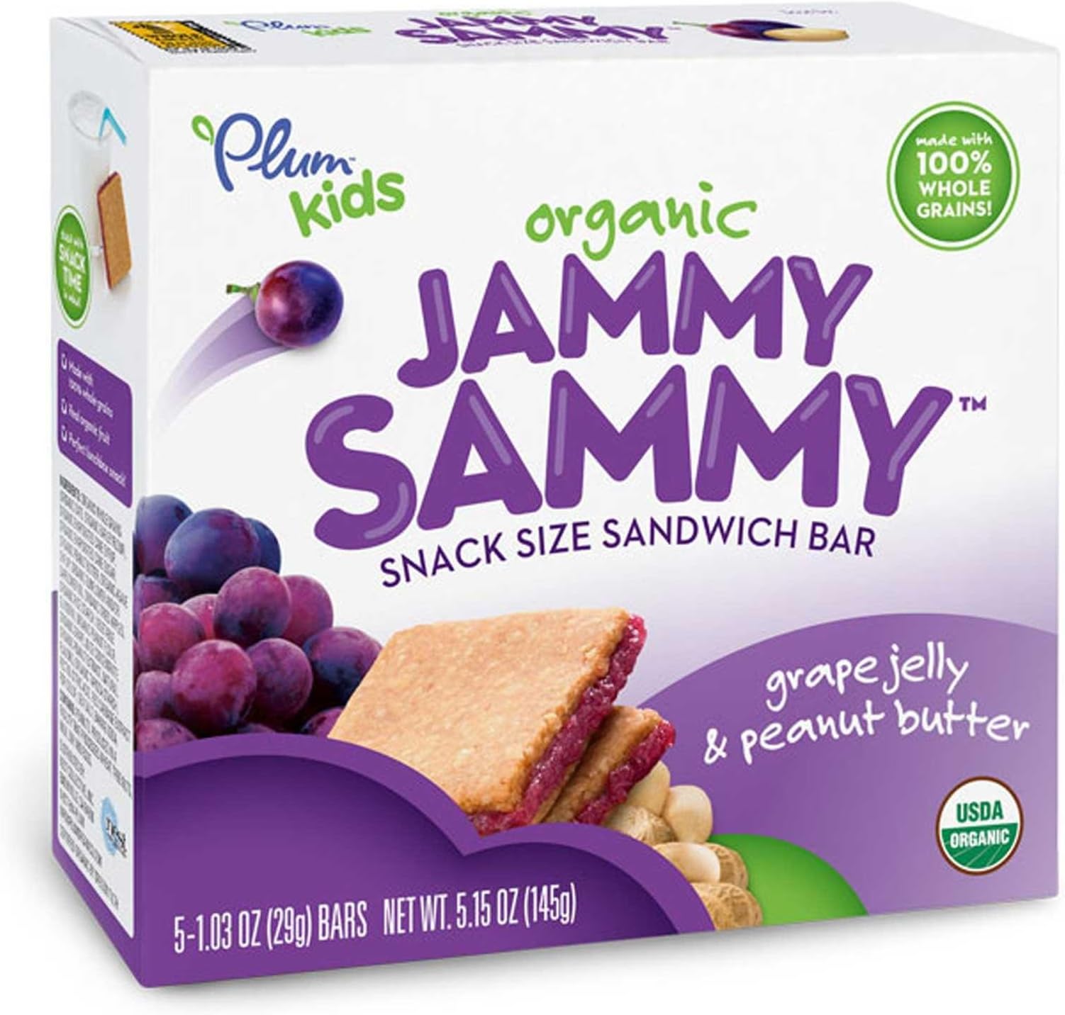 Plum Organics, Kids, Organic Jammy Sammy, Grape Jelly & Peanut Butter, 5 Bars, 1.03 oz (29 g) Each