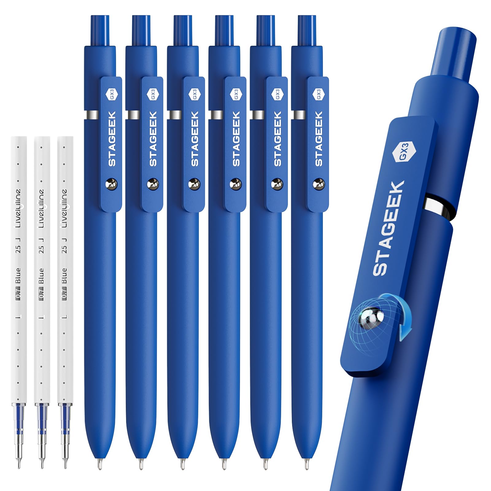 STAGEEK Blue Gel Pens GX3, 6Pcs Quick Dry Blue Ink Pens with 3 Extra Refills, Fine Point Retractable Smooth Writing Pens for Journaling, Office, Note Taking, School Supplies, Nurse Aesthetic(Blue)