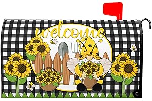 KAWANI Spring Summer Sunflower Mailbox Covers Yellow Floral Bee Gnome Buffalo Plaid Mailbox Covers Magnetic Standard Size 21" x 18" Waterproof Mailbox Wraps Post Letter Box Covers Garden Yard Outdoor Decor