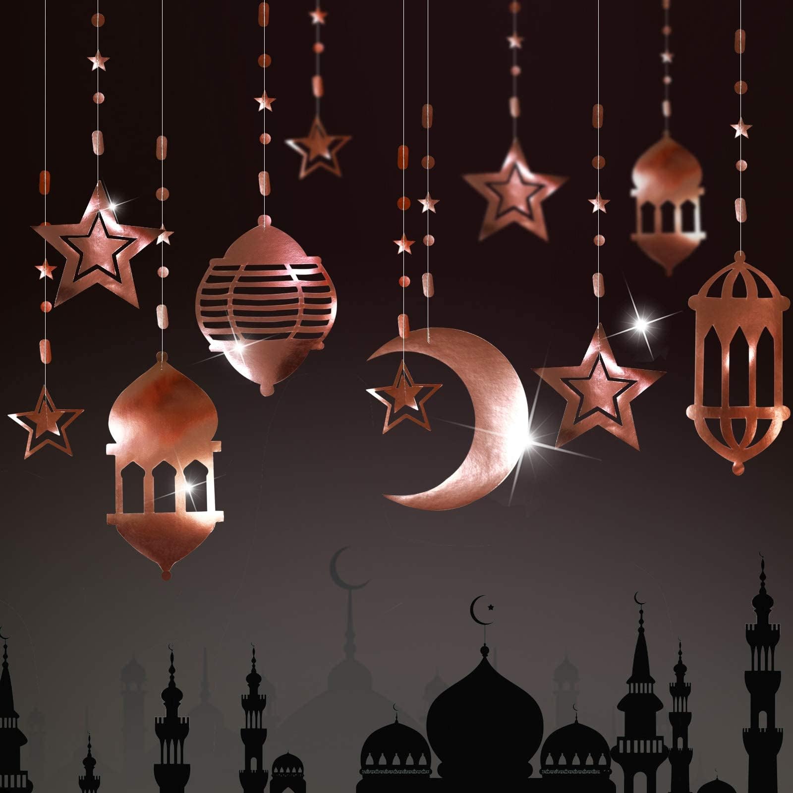 16pcs Shiny Rose Gold Star Crescent Moon Lantern Ramadan Garland EID decoration Home Happy Ramadan Mubarak Party Decor Hanging Streamer Backdrop Banner Lesser Aladdin Arabia Muslim Wedding Birthday