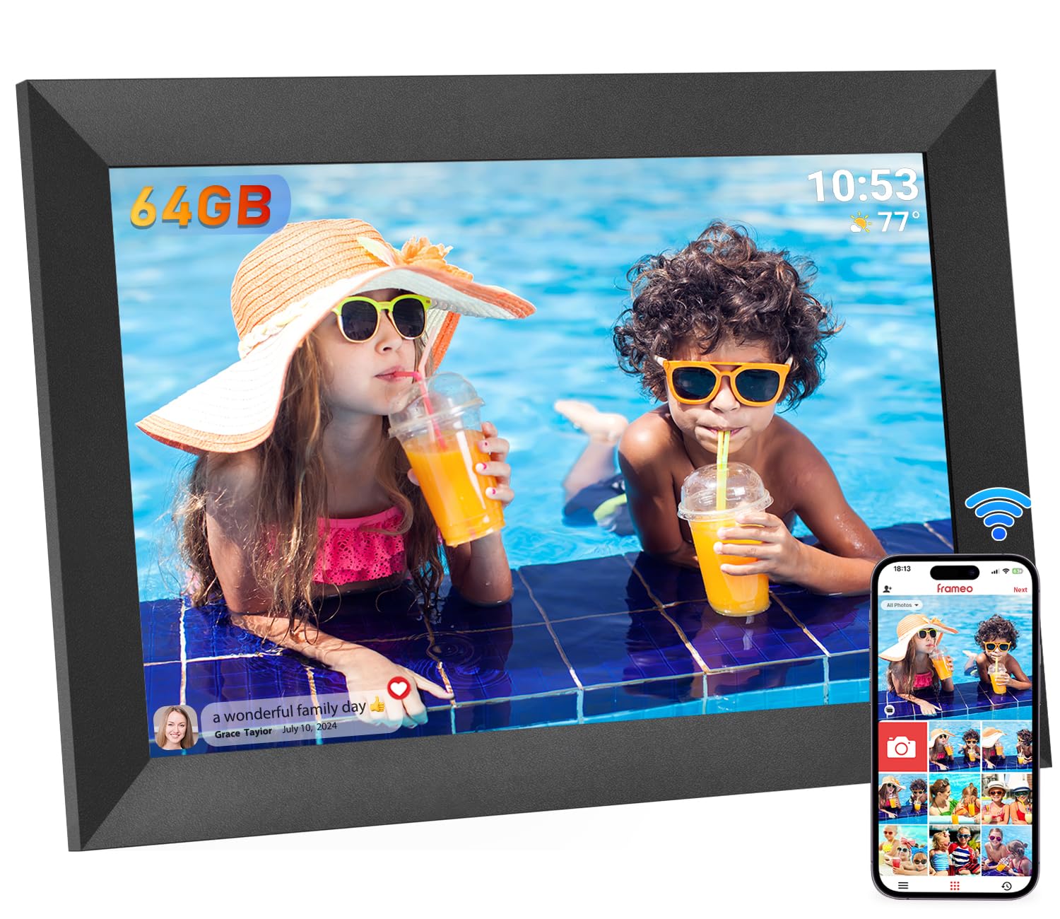 Hesmor 64 GB Digital Picture Frame, 10.1 Inch WiFi, 1280 x 800 HD IPS LCD Touch Screen, Digital Photo Frame, Automatic Rotation, Share Photos Instantly via Frameo from Anywhere, Black