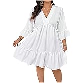 Floerns Women's Plus Size V Neck Babydoll Dress 3/4 Length Sleeve Flowy Short Ruffle Dresses