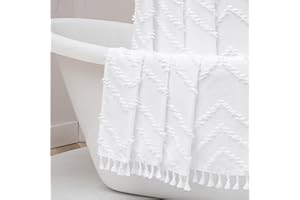 OWENIE Boho Shower Curtain, White Fabric Cloth Shower Curtains Farmhouse Tufted Chevron Striped Textured with Tassel for Bathroom, Soft Hotel Style Modern Minimalist, Machine Washable, 72x72, White