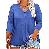 ZDC Women's Plus Size Tops 3/4 Sleeve V Neck T Shirts Button Down Basic Tunic