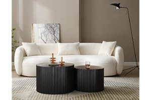 LKTART MDF Handcrafted Relief Coffee Table Set of 2 Round Nesting Table End Table for Living Room Office Black