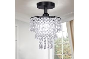 FRIXCHUR Small Crystal Chandelier Flush Mount Ceiling Light 3 Tiers Raindrops Crystal Chandeliers for Bedroom Hallway Foyer Living Room Entryway Closet,Black