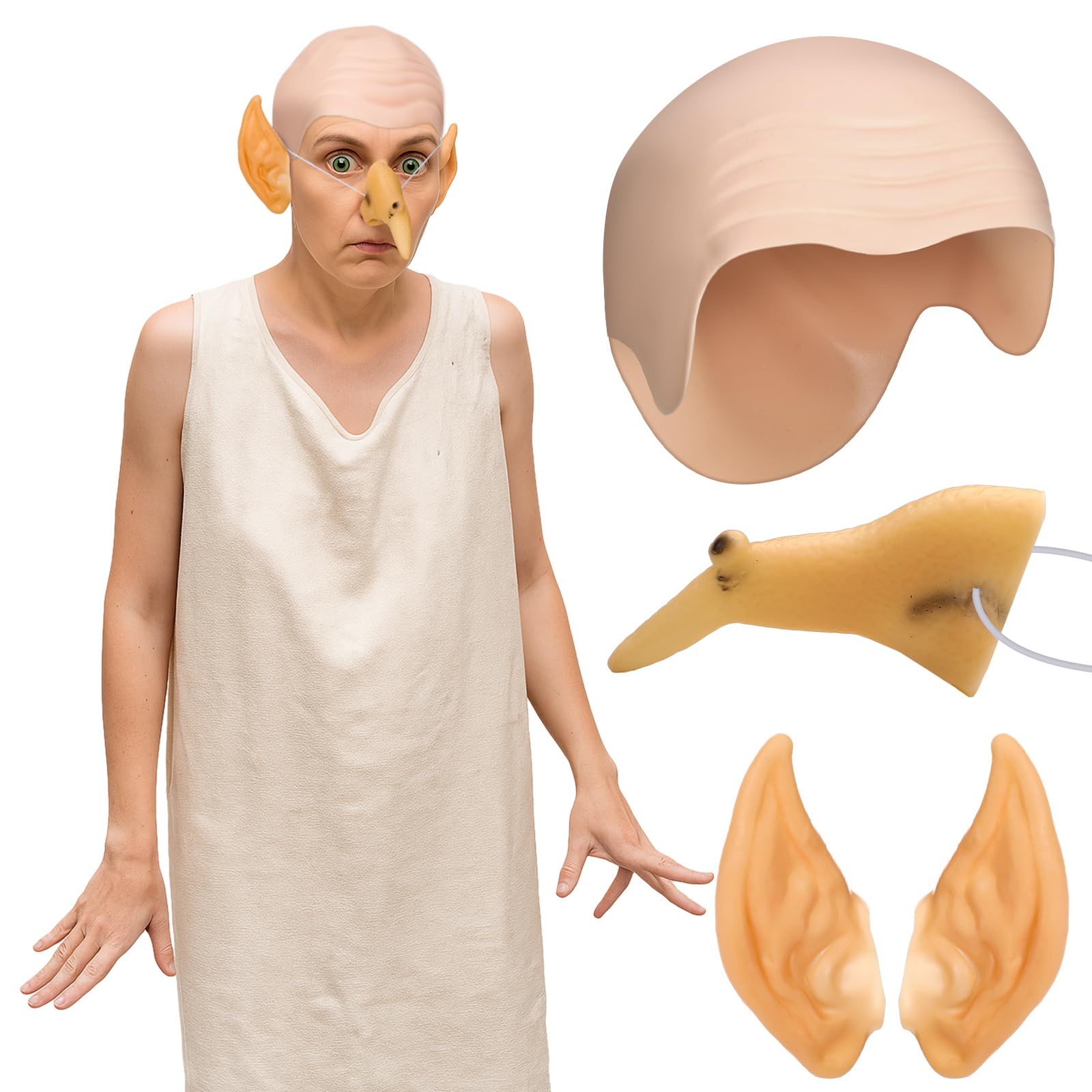 Photo 1 of 3 Pcs Halloween Costume Accessories Including Long Latex Witch Nose Elf Pointed Ear Bald Cap for Adults Party Supply