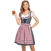 HiZiTi Oktoberfest Costumes Women Dirndl Dresses 3 Pcs German Oktoberfest Dress Bavarian Blue Dress White Blouse Pink Apron
