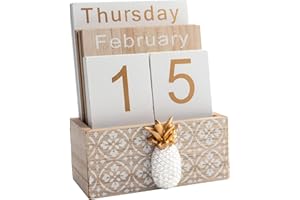 Notakia Vintage Wood Block Perpetual Calendar Month Week Date Display for Home Office Desk Rustic Decoration, Brown pineapple