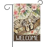 Dyrenson Welcome Spring Summer Sleeping Tabby Cat Decorative Garden Flag, Pink Flower Yard Outside Home Decoration Pet Cat Owner Lover Gift, Floral Farmhouse Outdoor Small Decor Double Sided 12 x 18