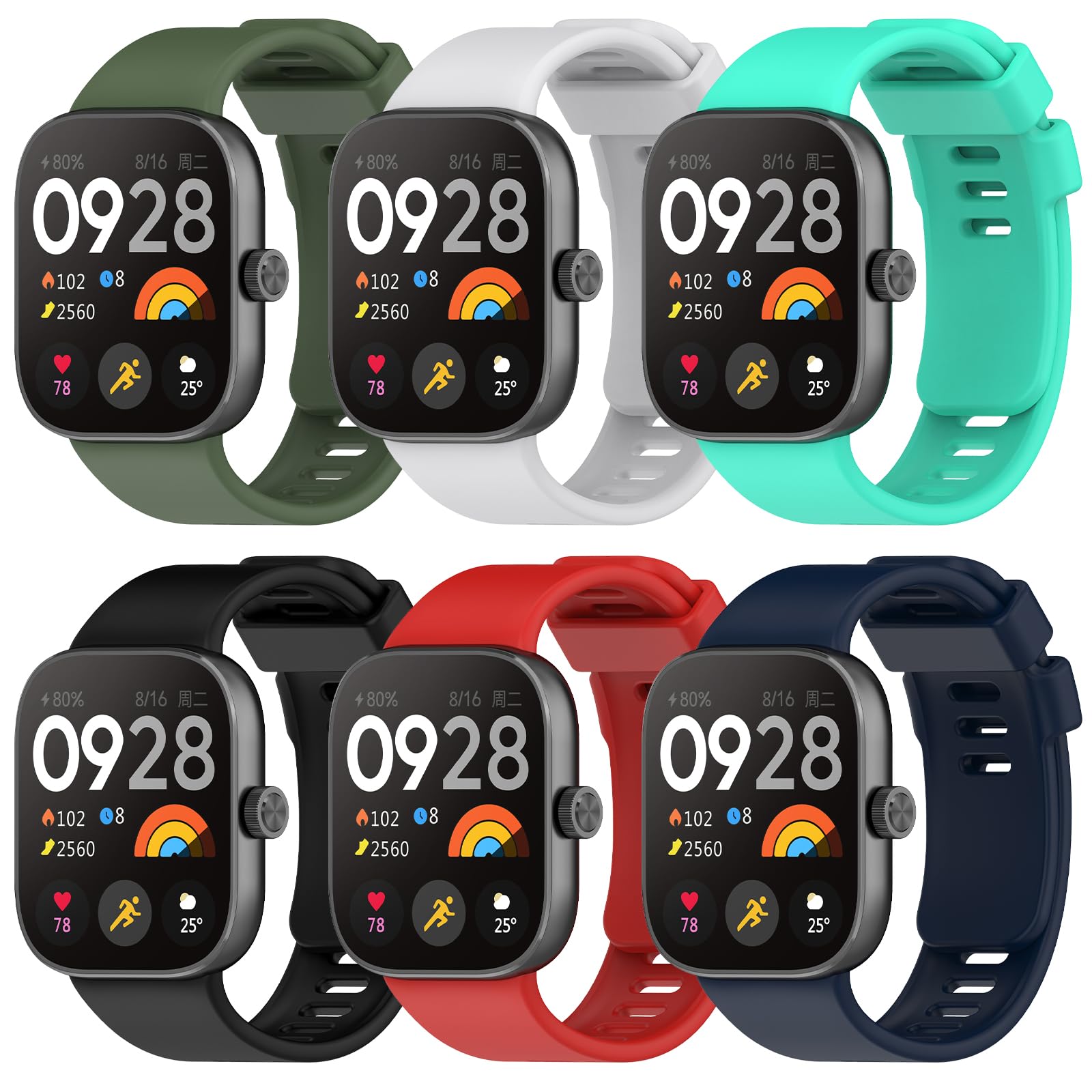 BDIG 6-Piece Silicone Sports Strap for Xiaomi Redmi Watch 4/Xiaomi Mi Band 8 Pro, Unisex, Waterproof, Comfortable, Durable, Multicolor, 139mm-220mm, Tang Buckle, Contemporary, Sports, Fashion