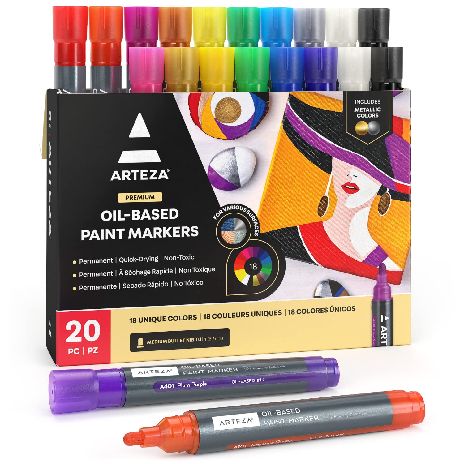 ARTEZA Oil Based Paint Markers, Set of 20 Assorted Colors Permanent Paint Pens, Waterproof Rock Painting, Art and Craft Supplies for Stone, Canvas, Glass, Pottery