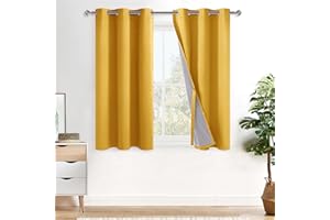 XWZO 100% Blackout Curtains 45 Inches Long with Tiebacks- Soundproof & Energy Efficiency Window Draperies Grommet Top with Black Liner for Bedroom/Living Room, Yellow, W42 x L45, Set of 2