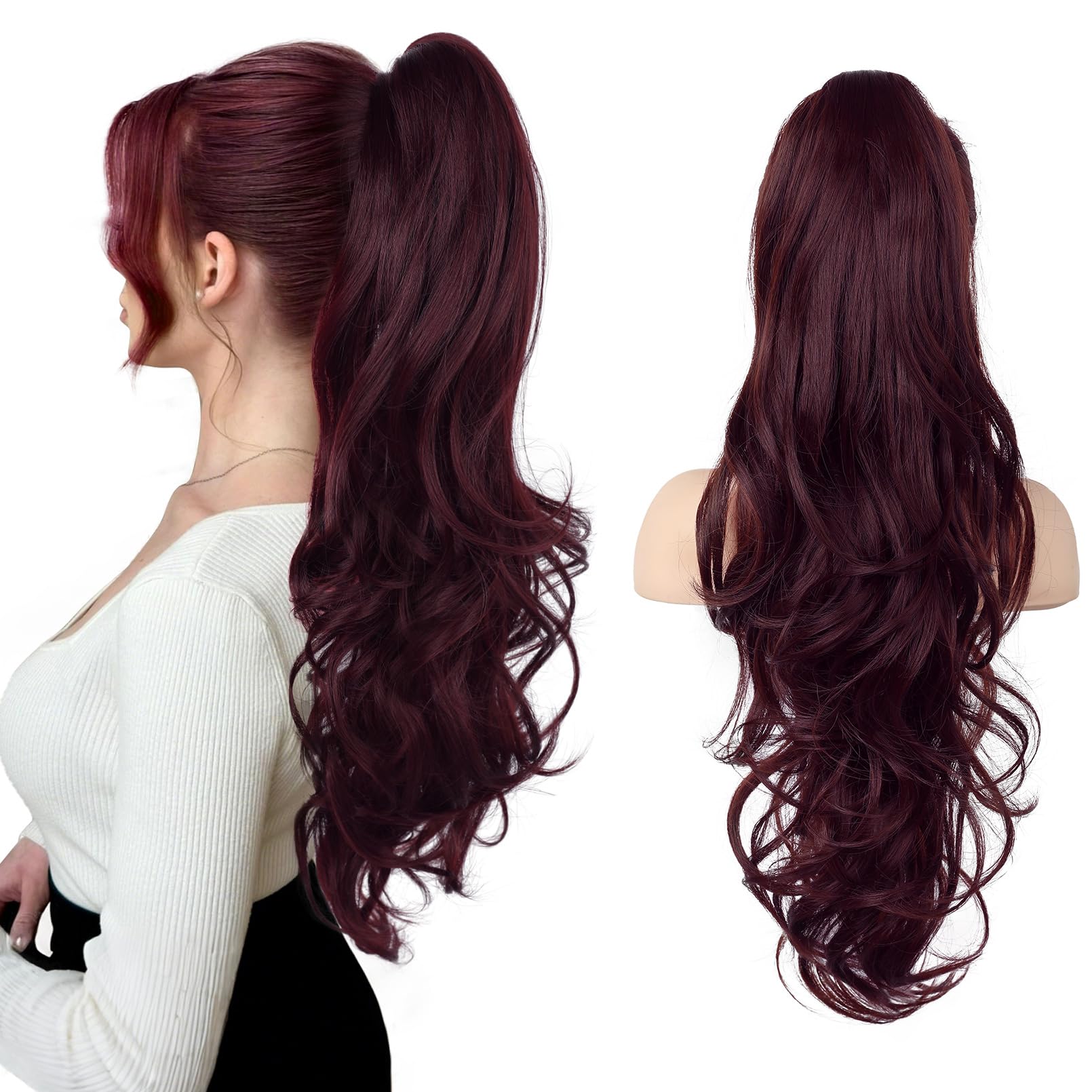 Photo 1 of FLUFYMOOZ 26" Ponytail Extension, Long Wavy Curly Claw Clip in Ponytail Hair Extensions, Natural Synthetic Hairpiece for Women Daily Wear(Ombre Burgundy)