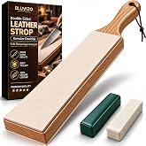 Leather Strop for Knife Sharpening: Double-Sided Genuine Stropping Block | Vegetable-Tanned Cowhide, 2 Grit Compounds, Solid Wood Handle, Hang-Hole Storage, For Honing Knives &amp; Carving Tools (Brown)