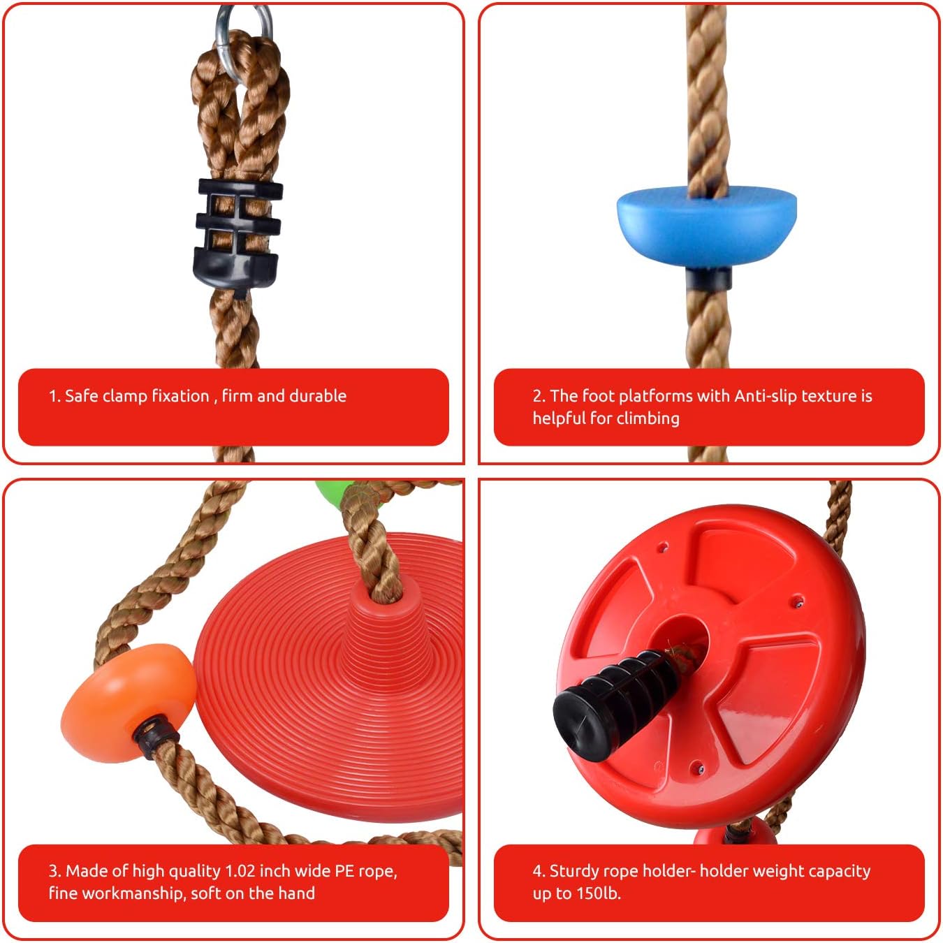 HAPPY PIE PLAY&ADVENTURE Kids Four Knotted Platforms Climbing Rope for Playground Sets / Tree House Exercise Toy (Multicolor, Red Base): Sports & Outdoors
