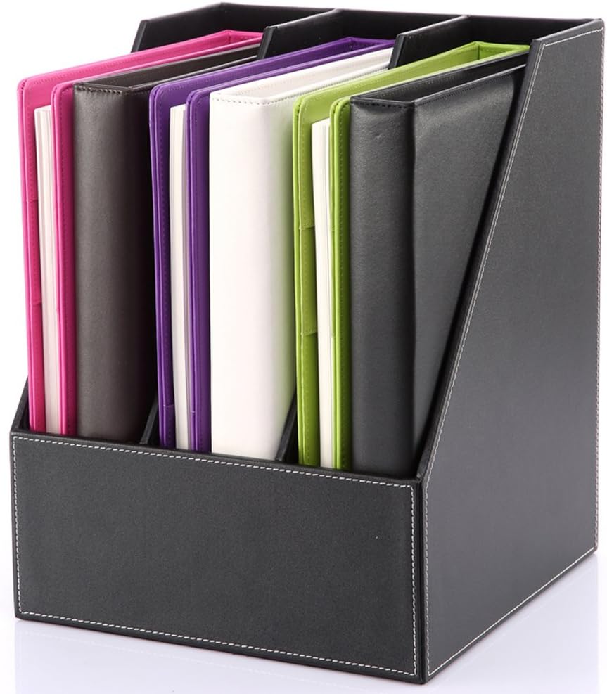 KINGFOM™ 3Slot Wood Leather Magazine File Holder Paper Book Storage