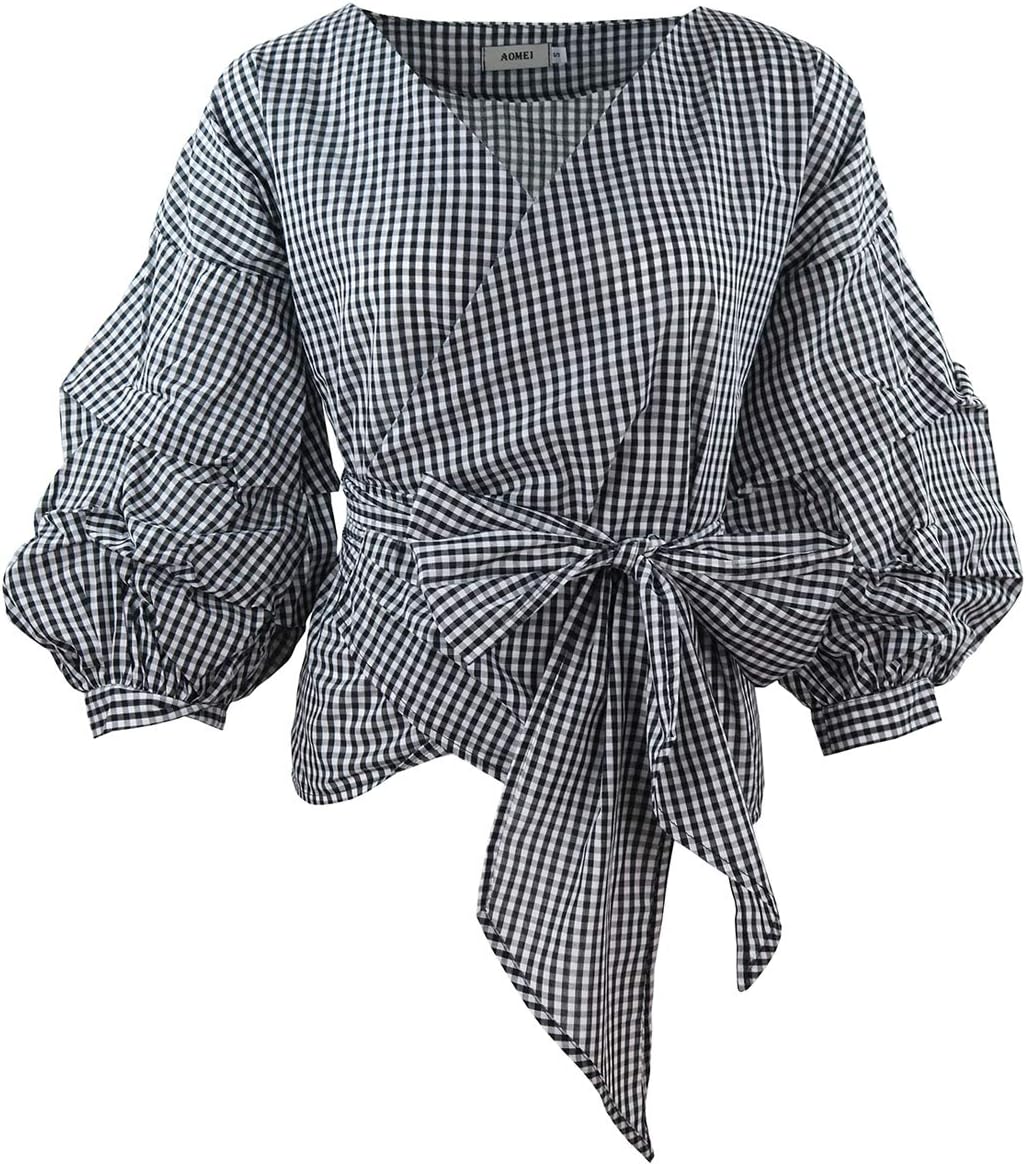 AOMEI Women Spring Summer Blouses with Puff Sleeve Sashes Shirts Tops