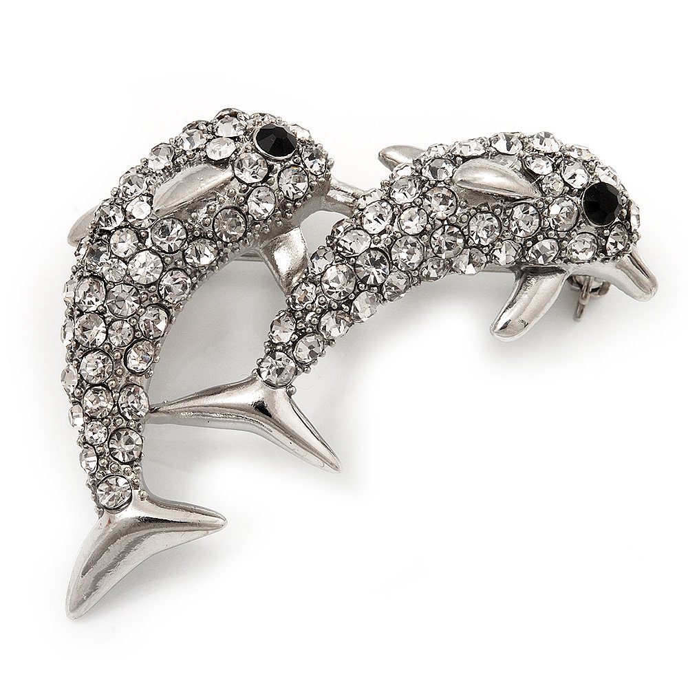 Cute Diamante Dolphin Brooch (Rhodium Plated Metal)