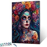 Skeleton Makeup Paint by Numbers Kits for Adult Day of The Dead Halloween Woman Painting Kits Sugar Skull Paint by Numbers Kits on Canvas Perfect for Gift Home Wall Decor Without Framed 16''W x 20''H