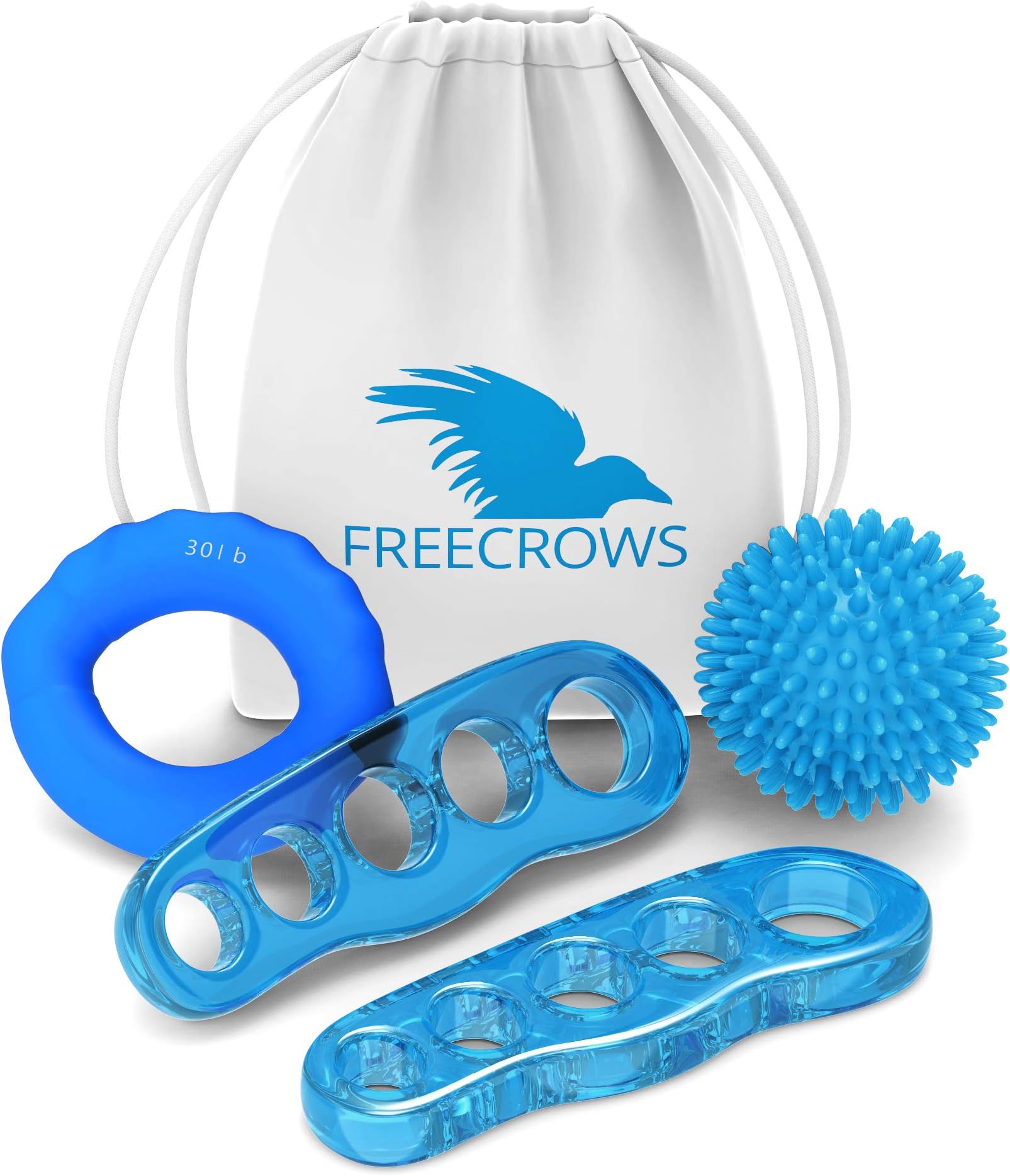 Freecrows - Toe Separators + Hand Grip Strengthener Workout - Spiky Massage Ball Set - Blue Gel Foot Stretcher for Fighting Bunions - Hammer Toes Fitness Kit - Pain Relief for Women + Carrying Bag
