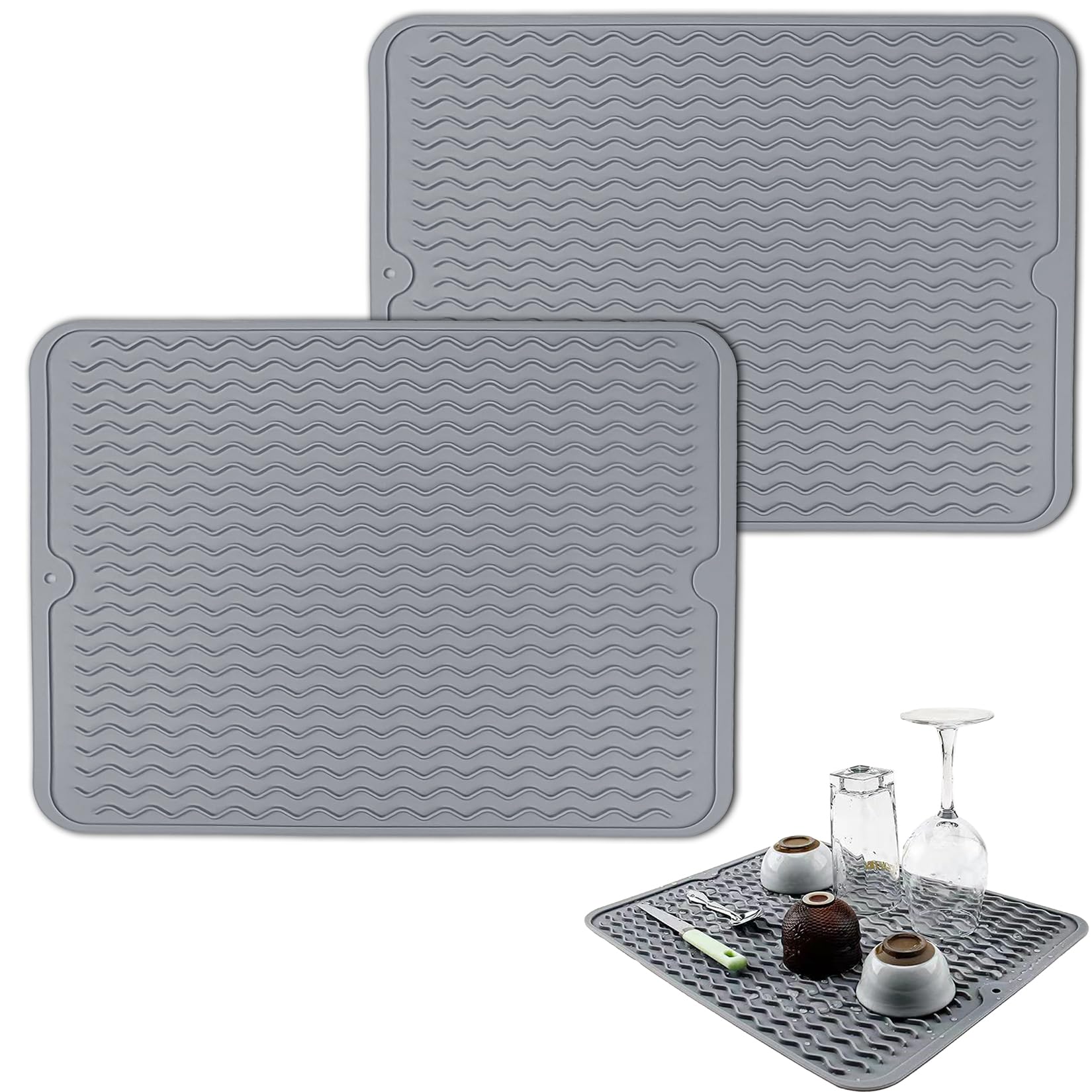 zrfgbxim 2 Pcs Silicone Dish Drying Mats, Silicone Draining Mats for Kitchen Counter Draining Board Mats, Heat Resistant Mat, Dish Drainer Mat, Non-Slip Sink Protector Mat/Placemat/Table Mat（Grey）