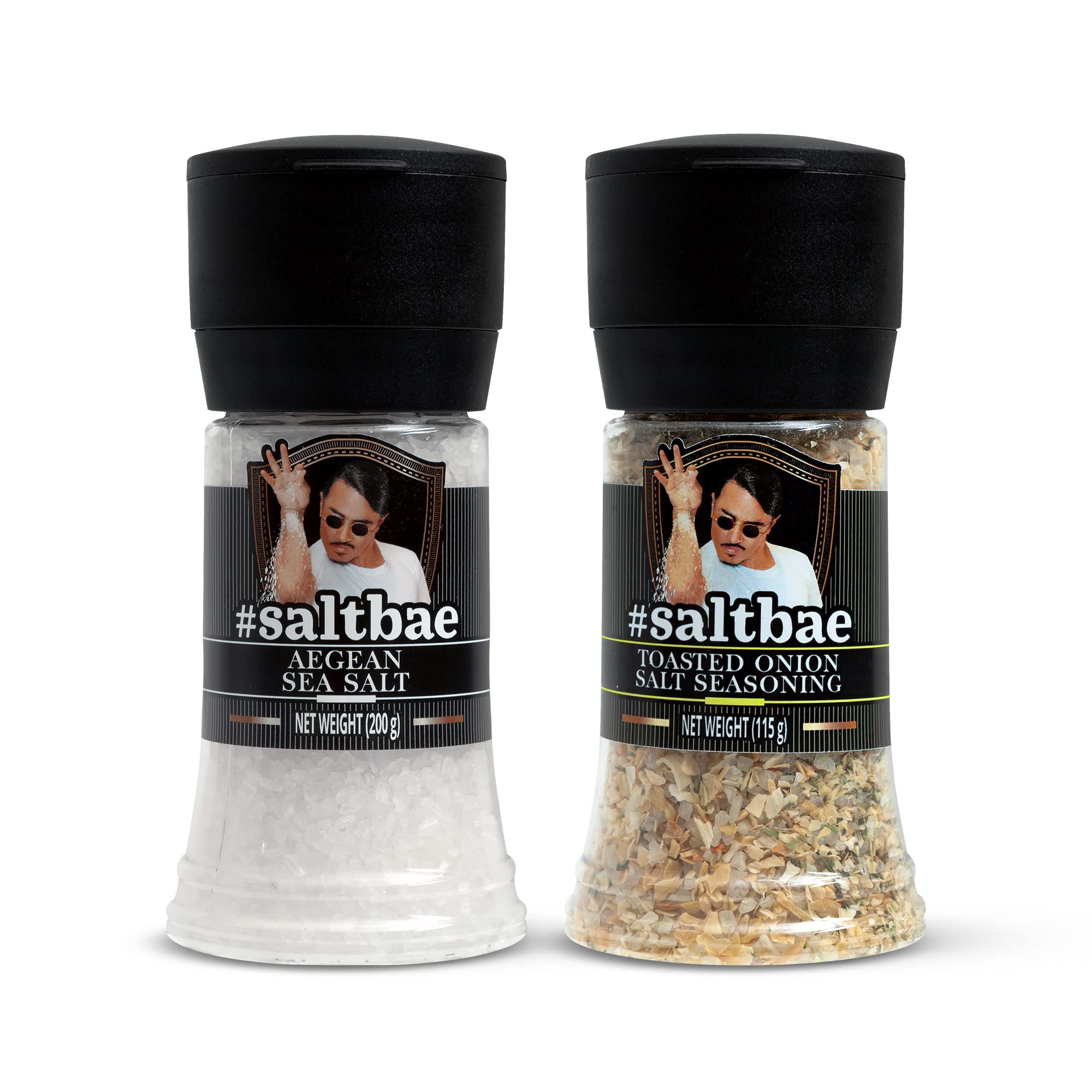SaltBae Duo Pack Salt Seasonings - 2 pcs high quality salt seasonings for any home cook or grillmaster - ideal as giftset for BBQ parties - Aegean Sea Salt & Toasted Onion Salt