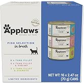 Applaws Fish Variety in Broth Wet Cat Food, 3-Flavor 16-Pack 2.47 oz Cans | 100% Natural, High Quality Ingredients, High Protein, No Artificial Additives, Limited Ingredients