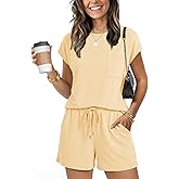 LOMON Two Piece Shorts Sets for Women Vacation Trendy Lounge Sets Crew Neck Matching Sets Cap Sleeve Airport Suits