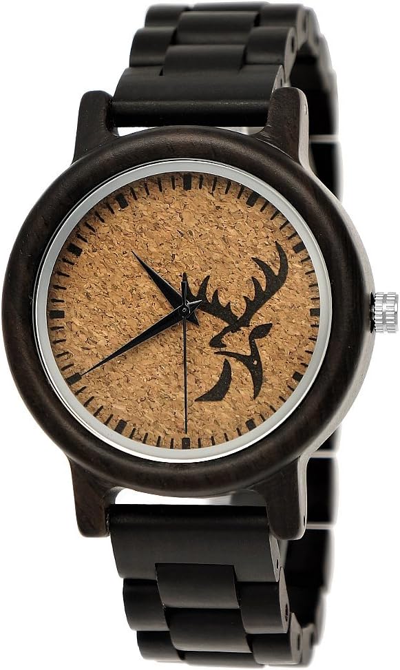 Handmade Wood Germany® Designer Deer Unisex Women's Men's Watch Organic Natural Wood Watch Strap – Classic Analog Quartz Watch In Black And Brown With Deer Design and Cork Dial