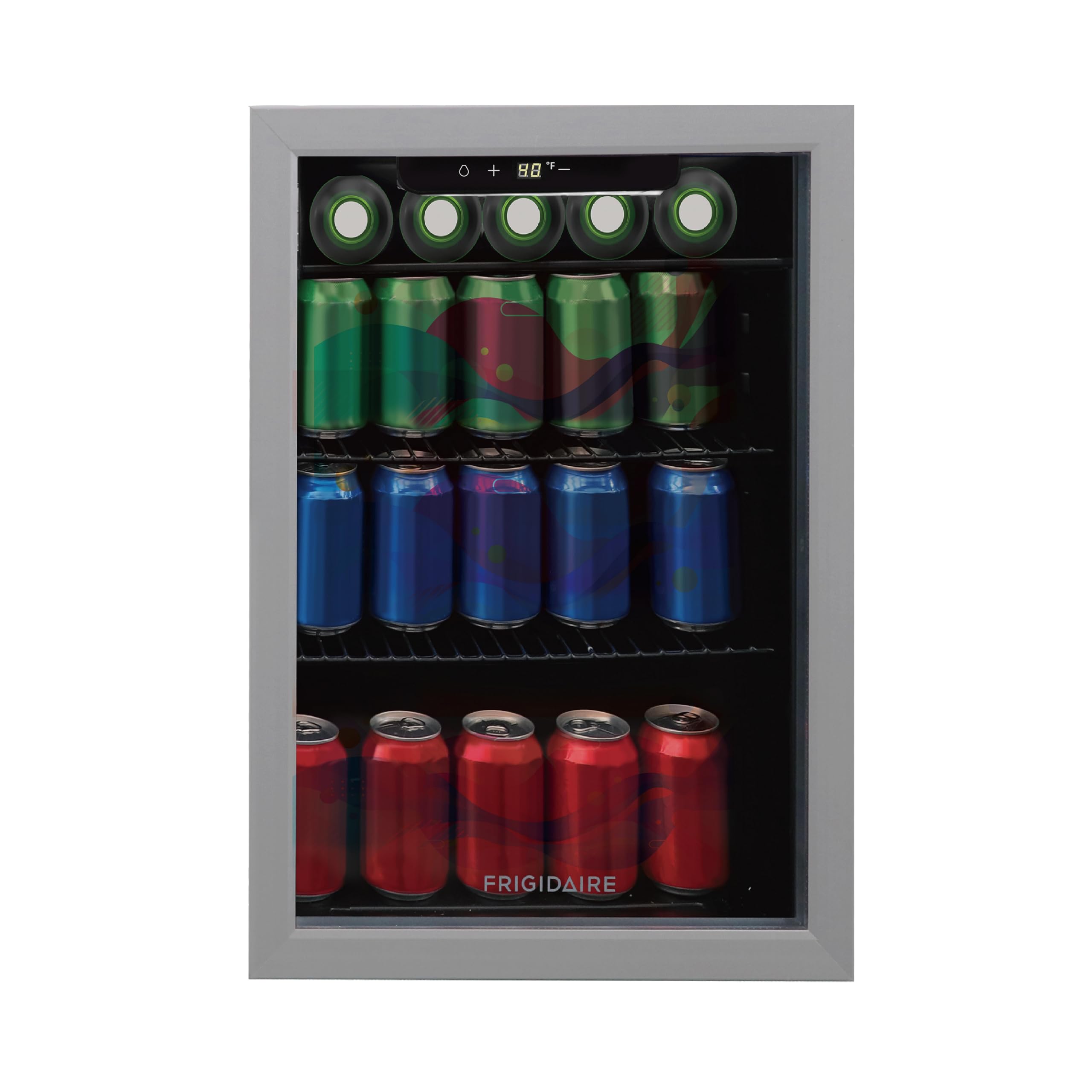 Frigidaire Beverage Fridge Refrigerator with Glass Door, Compact Mini Fridge with Digital Temperature Control Fits 87 Cans or 24 Bottles – 19.29″ D x 25″ W x 17.51″ H, Silver