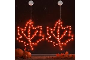 BlcTec Thanksgiving Window Lights 2 Pack 10Inch Maple Leaves Lights with Suction Cups, Timer, Battery Operated Metal Frame Window Lights for Fall Harvest Thanksgiving Decorations, Red